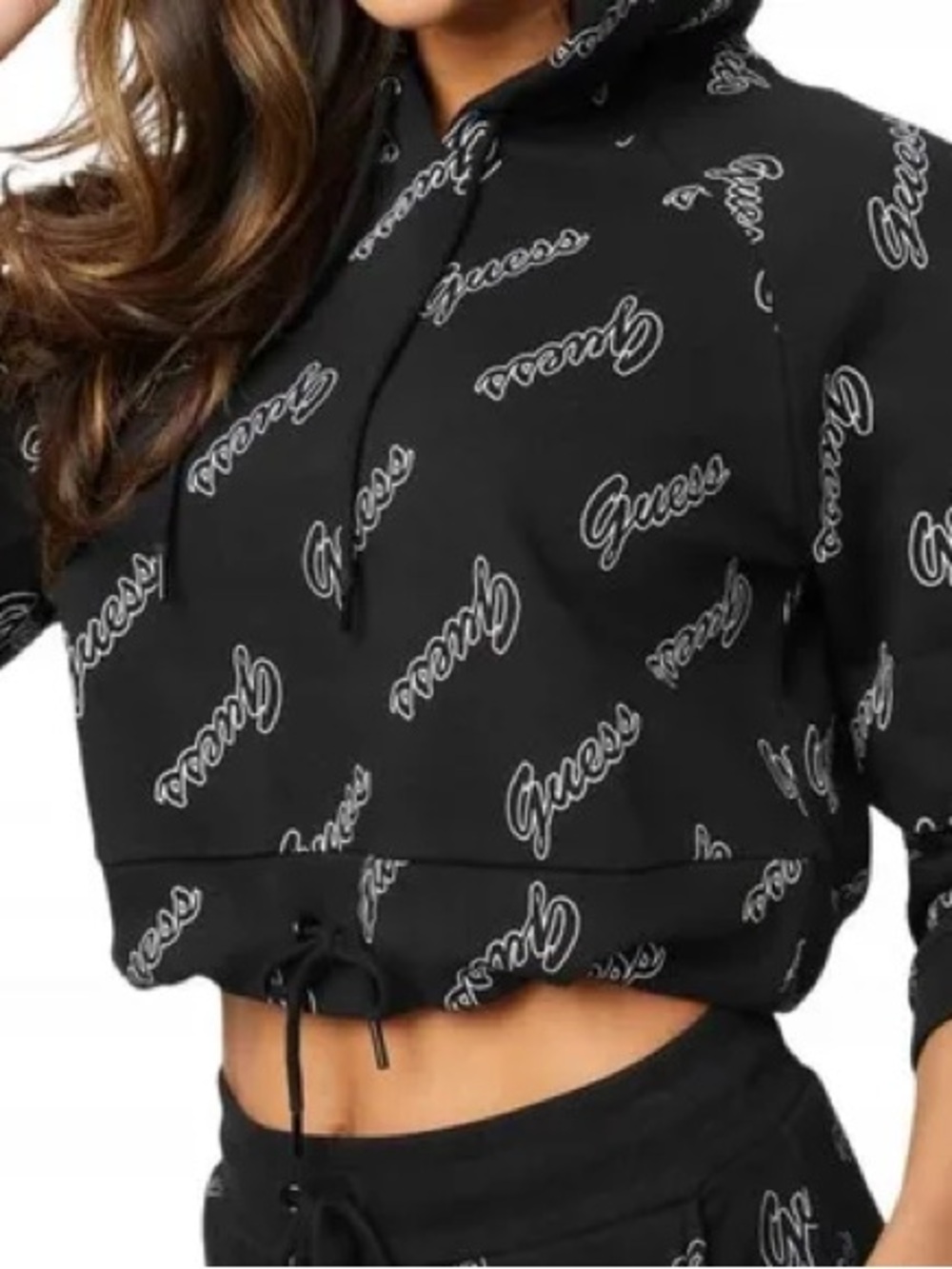 GUESS Black Cropped Logo Hoodie with White Script
